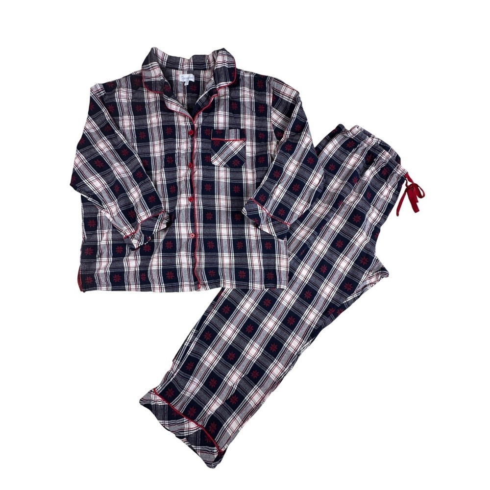 Pajamagram Womens 2X Plus Plaid Flannel Pajama Set Button Front Cotton Red Blue